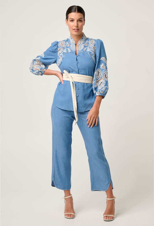 Elegant Blue Ash Tencel Blouse for Women with Embroidery and 3/4 Sleeves - Luxurious Soft Fabric 1