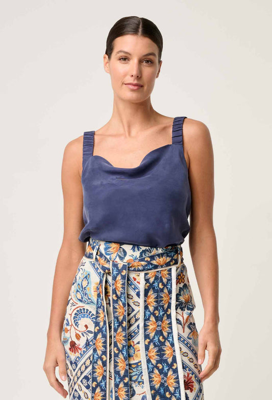 Reversible Cupro Cami Top with Cowl Neck and V-Neck Options – Lapis Blue, Sustainable Fabric, Flattering Fit 1