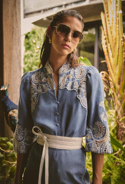 Elegant Blue Ash Tencel Blouse for Women with Embroidery and 3/4 Sleeves - Luxurious Soft Fabric 0