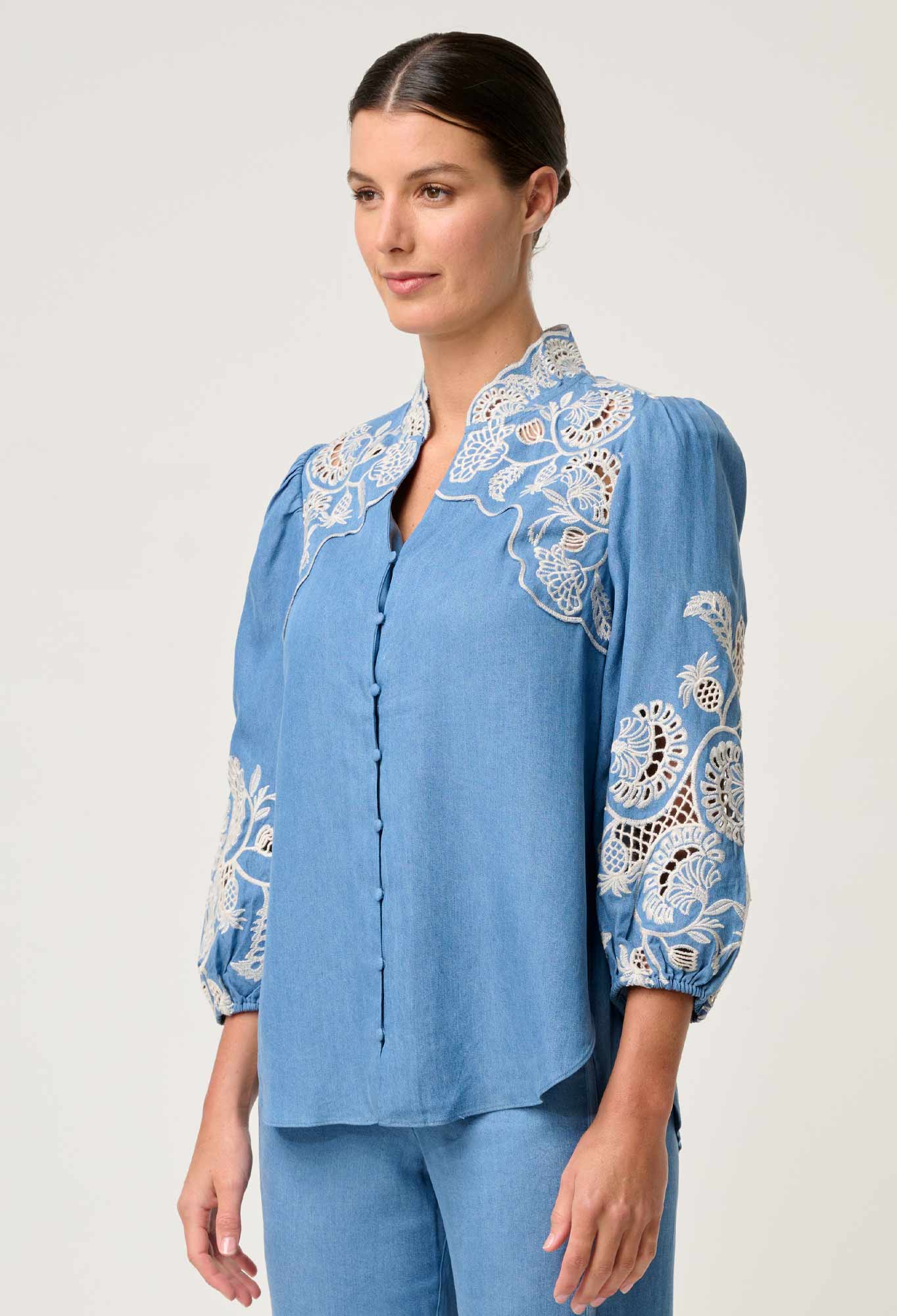 Elegant Blue Ash Tencel Blouse for Women with Embroidery and 3/4 Sleeves - Luxurious Soft Fabric 2
