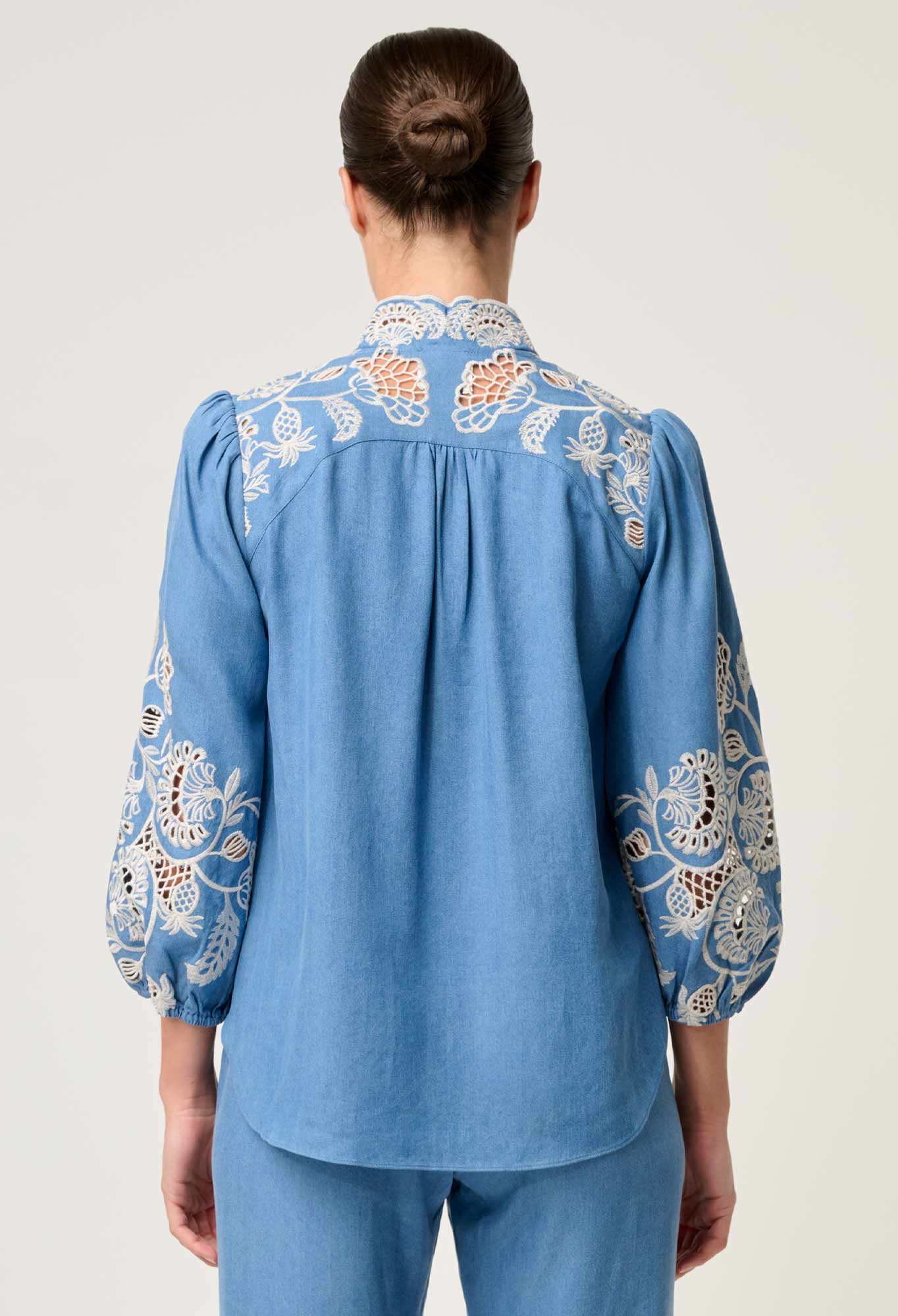 Elegant Blue Ash Tencel Blouse for Women with Embroidery and 3/4 Sleeves - Luxurious Soft Fabric 3