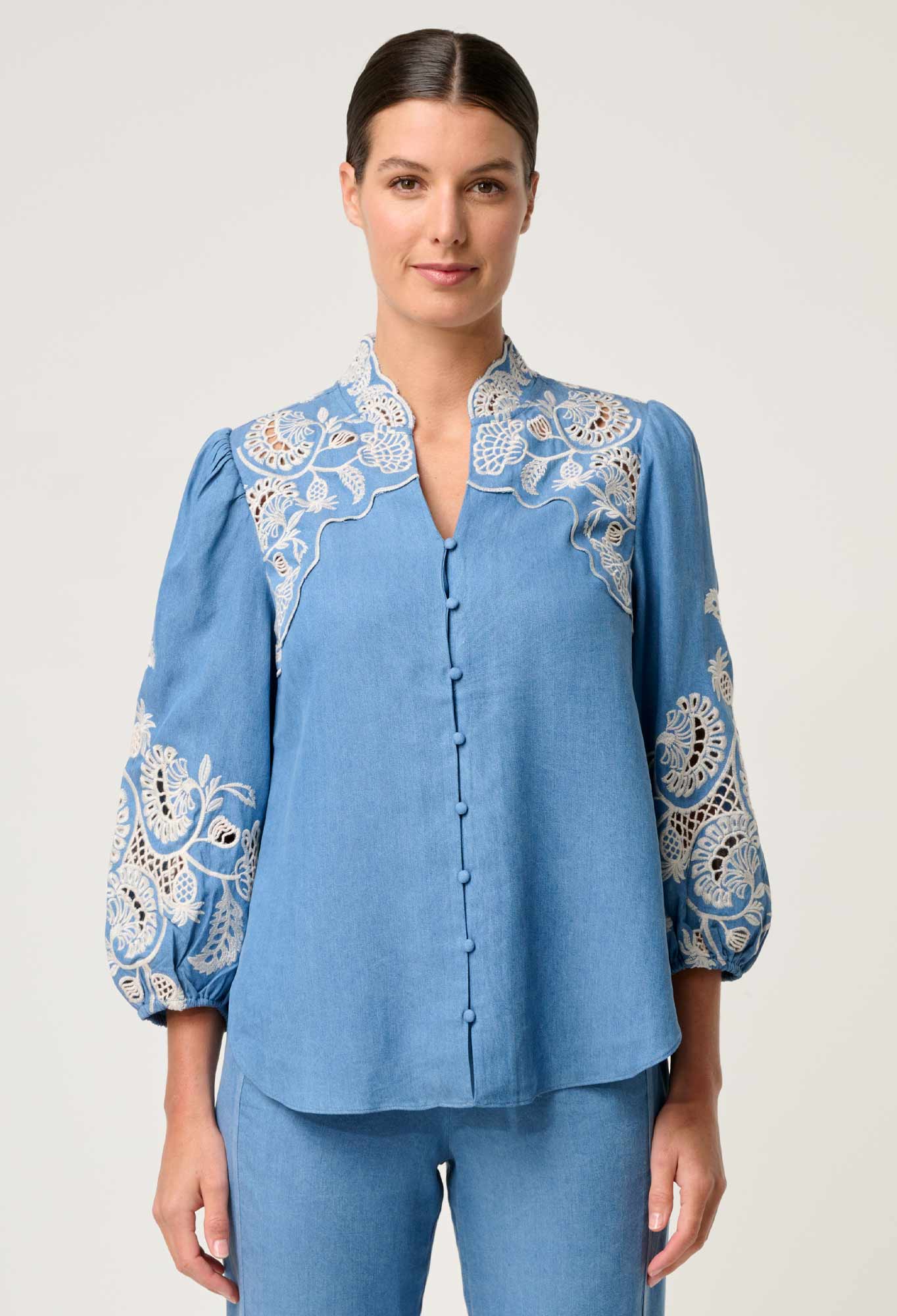 Elegant Blue Ash Tencel Blouse for Women with Embroidery and 3/4 Sleeves - Luxurious Soft Fabric 4