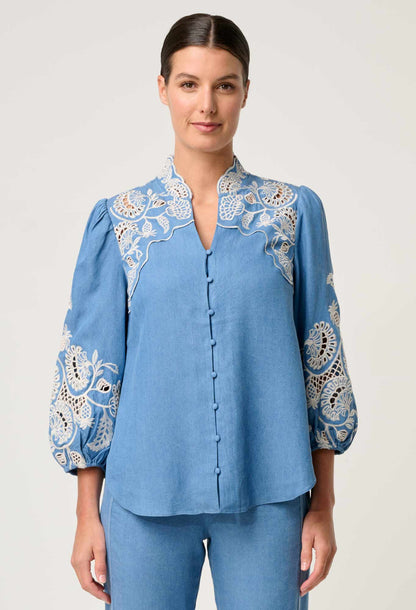 Elegant Blue Ash Tencel Blouse for Women with Embroidery and 3/4 Sleeves - Luxurious Soft Fabric 4