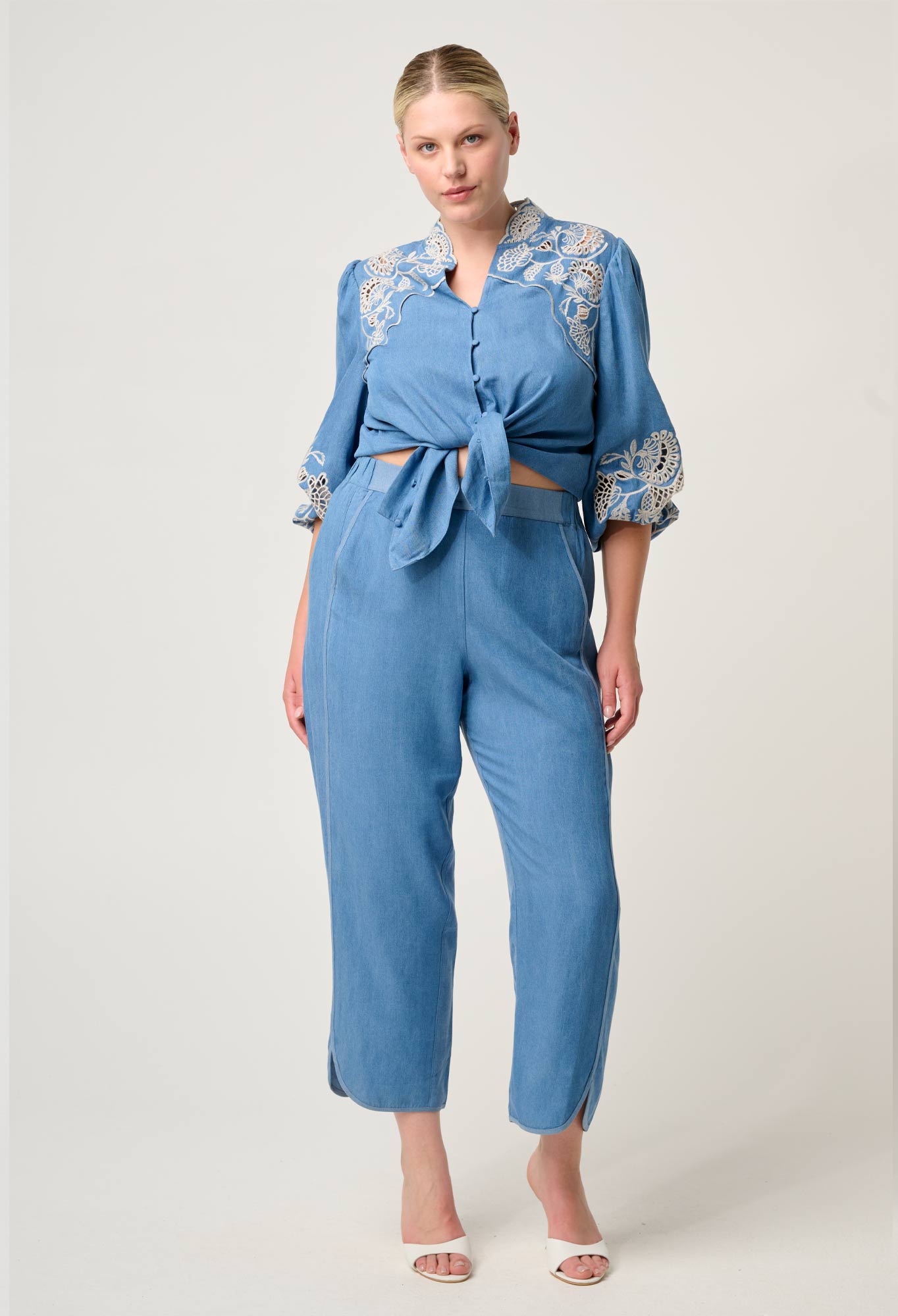 Elegant Blue Ash Tencel Blouse for Women with Embroidery and 3/4 Sleeves - Luxurious Soft Fabric 5