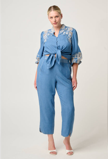 Elegant Blue Ash Tencel Blouse for Women with Embroidery and 3/4 Sleeves - Luxurious Soft Fabric 5