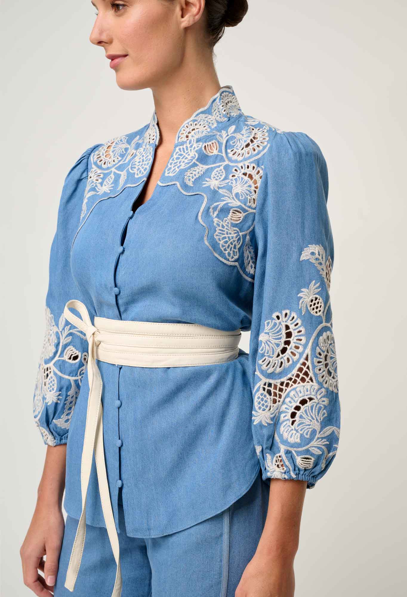 Elegant Blue Ash Tencel Blouse for Women with Embroidery and 3/4 Sleeves - Luxurious Soft Fabric 6