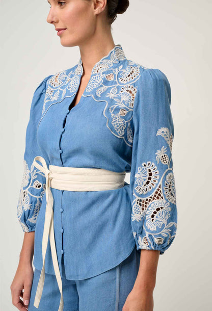 Elegant Blue Ash Tencel Blouse for Women with Embroidery and 3/4 Sleeves - Luxurious Soft Fabric 6