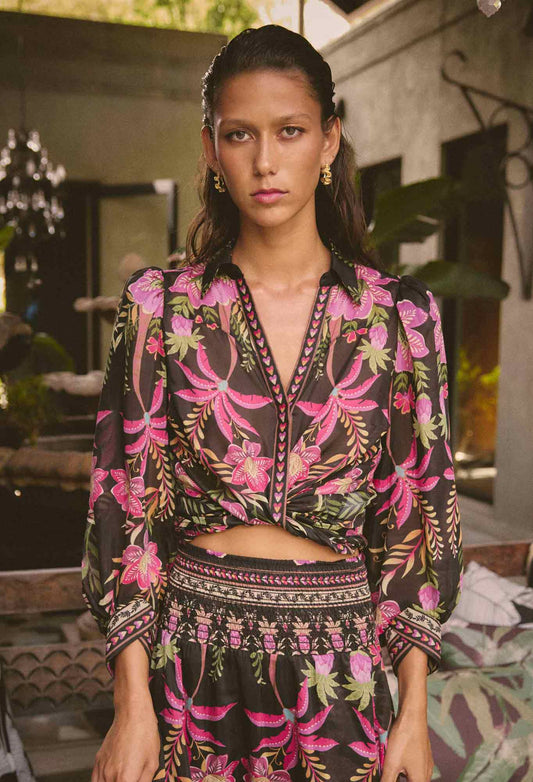 Elegant Silk Blouse with Puff Sleeves and Floral Print – Women's Lightweight Top for Casual or Formal Wear 0