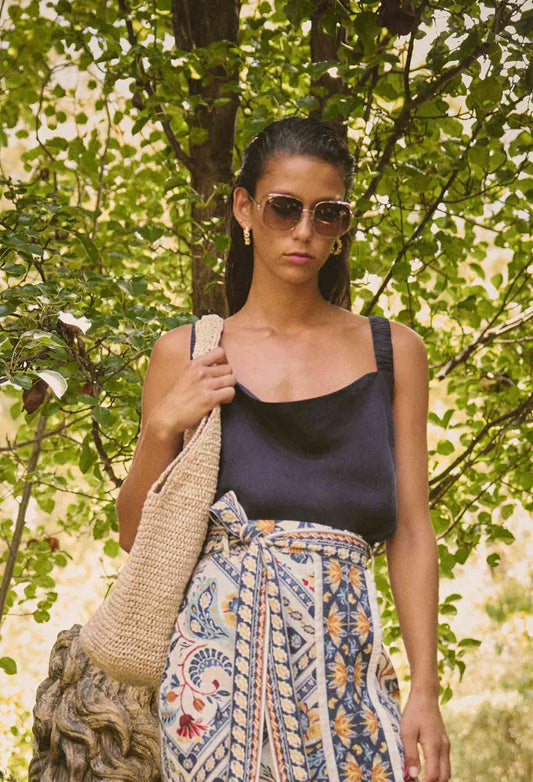 Reversible Cupro Cami Top with Cowl Neck and V-Neck Options – Lapis Blue, Sustainable Fabric, Flattering Fit 0