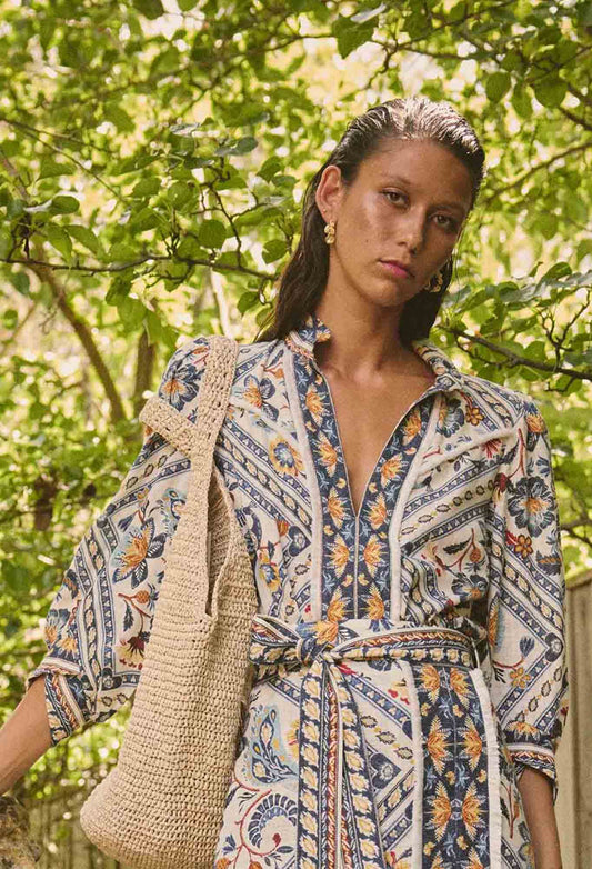 Womens Shirt Bohemian Fringe Top in Linen Viscose with Petinos Floros Print – Lightweight 3/4 Sleeve Blouse 0