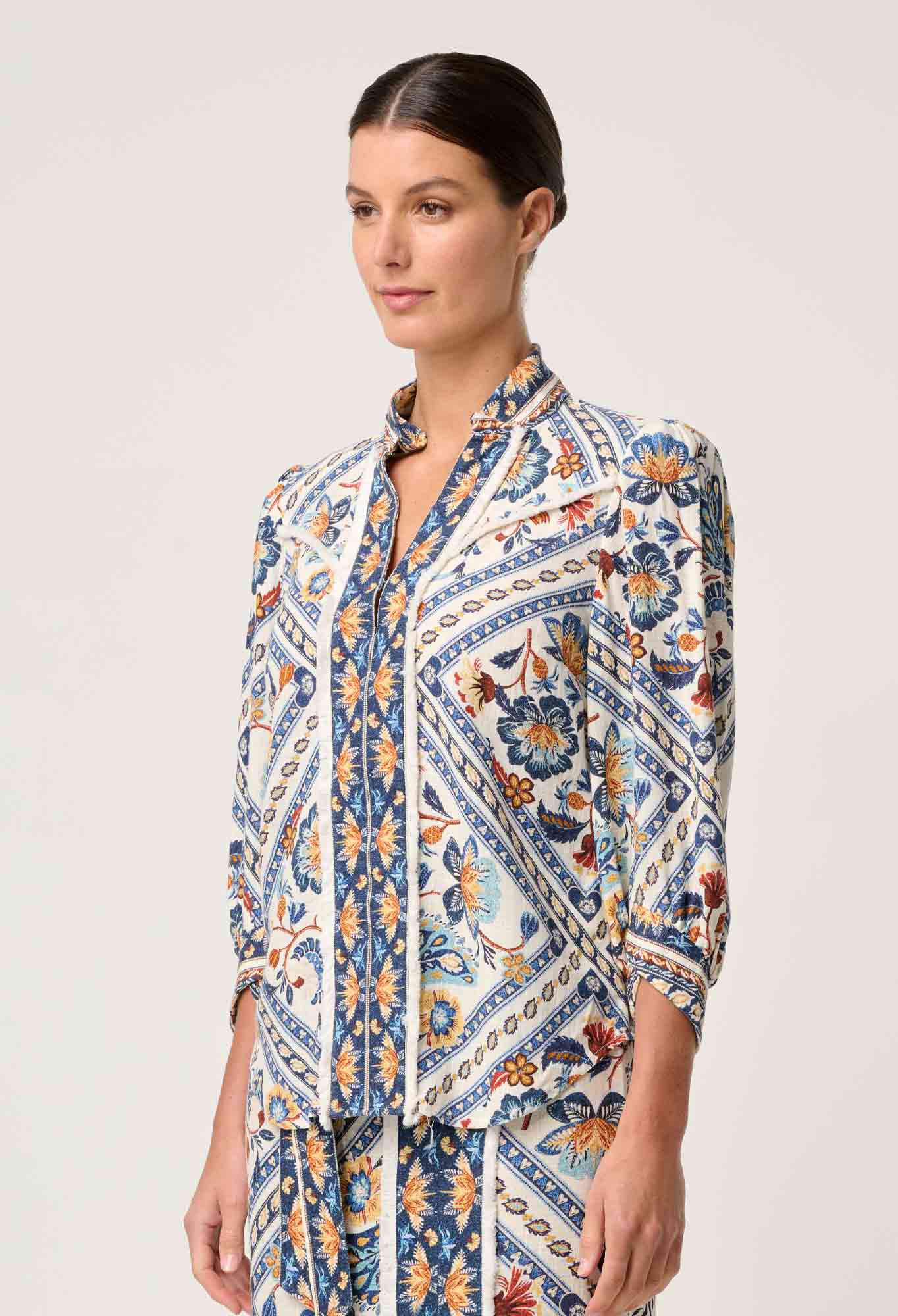 Womens Shirt Bohemian Fringe Top in Linen Viscose with Petinos Floros Print – Lightweight 3/4 Sleeve Blouse 2
