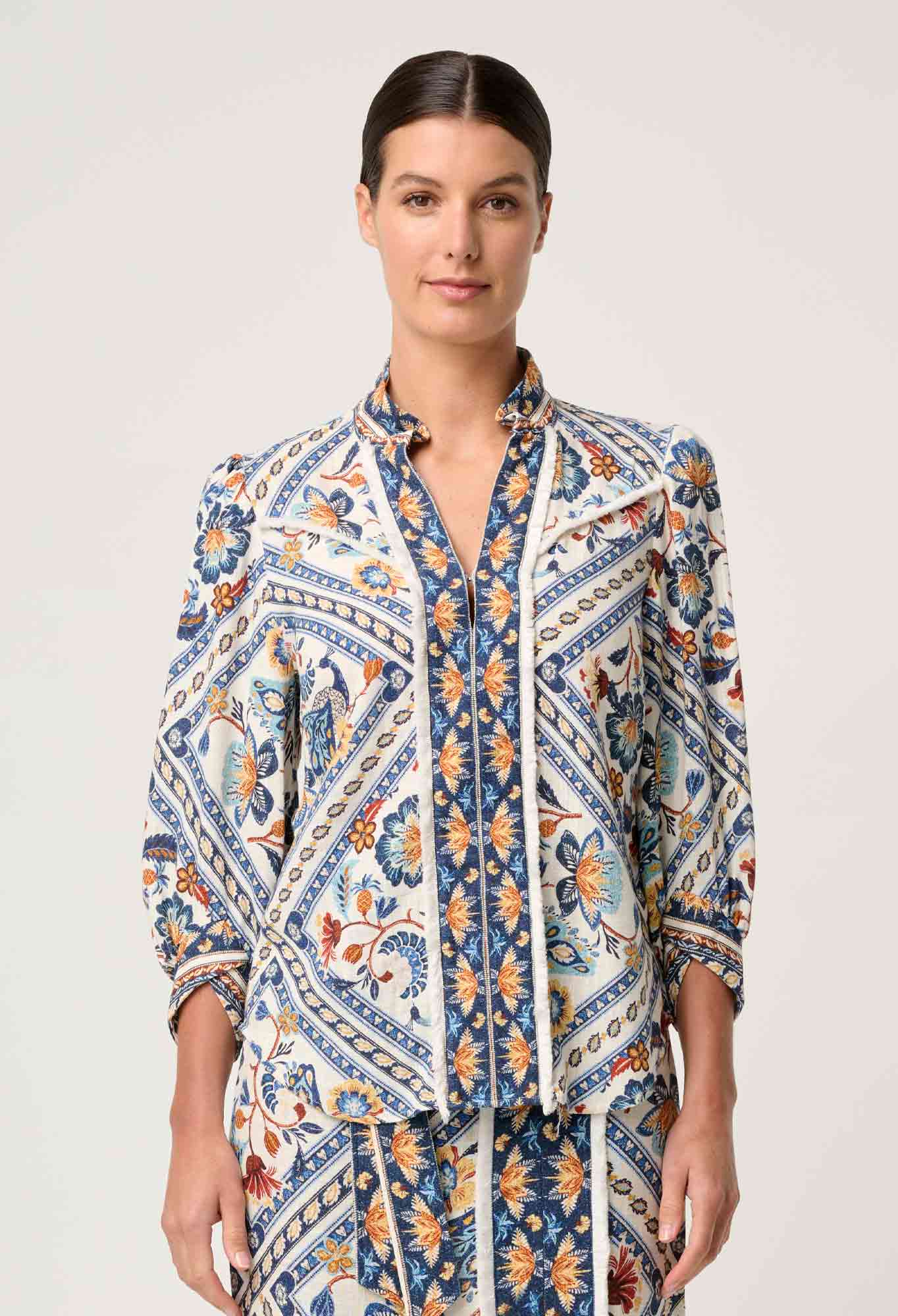 Womens Shirt Bohemian Fringe Top in Linen Viscose with Petinos Floros Print – Lightweight 3/4 Sleeve Blouse 3
