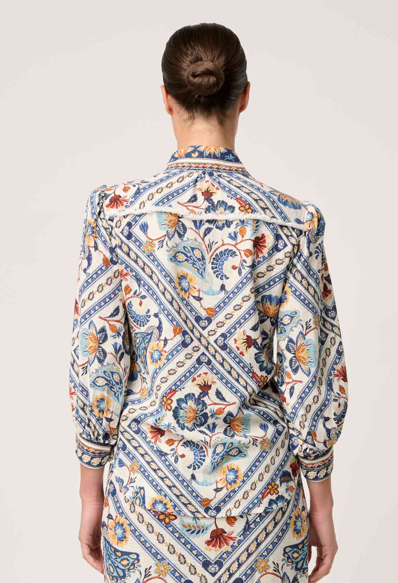 Womens Shirt Bohemian Fringe Top in Linen Viscose with Petinos Floros Print – Lightweight 3/4 Sleeve Blouse 4