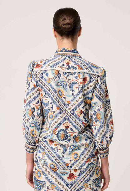 Womens Shirt Bohemian Fringe Top in Linen Viscose with Petinos Floros Print – Lightweight 3/4 Sleeve Blouse 4